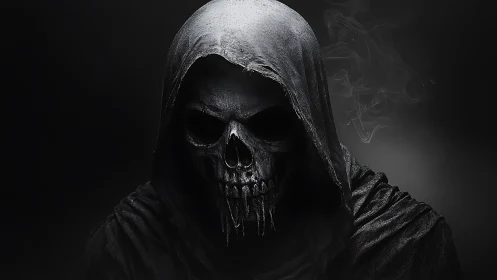 Midnight reaper leans from the smoke with frozen silence