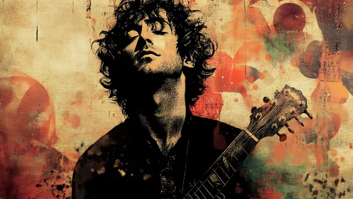 Guitarist silhouette leans back against distressed abstract wall