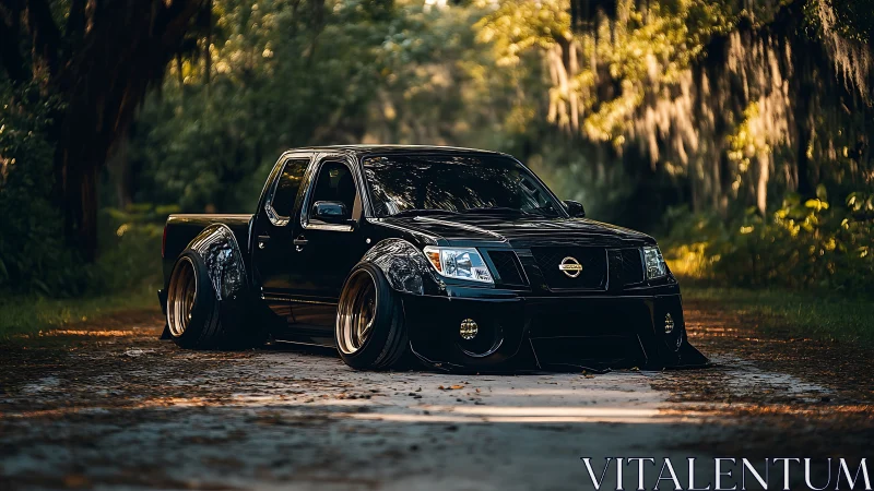 Slammed black pickup truck glides low through a sunlit forest road