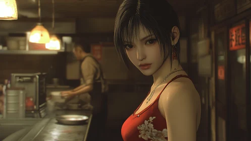 Young woman in red dress standing inside dim restaurant.