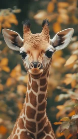 Gentle baby giraffe gazes softly amid warm autumn leaves