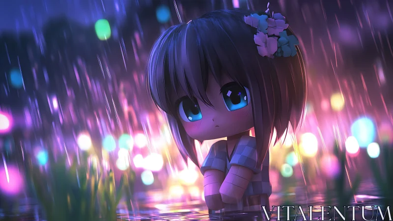 Chibi girl in rain with neon bokeh background at night.