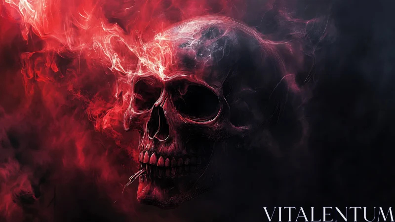 Human skull silhouette in red smoke against dark background.