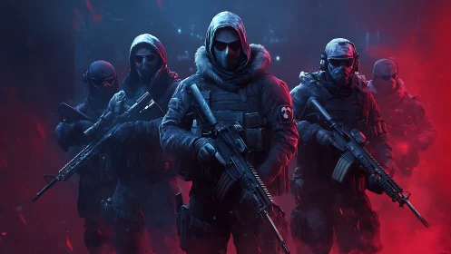 Tactical assault squad in polarized blue red digital painting.