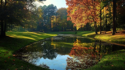 Quiet autumn pond cradled by glowing trees and soft light.
