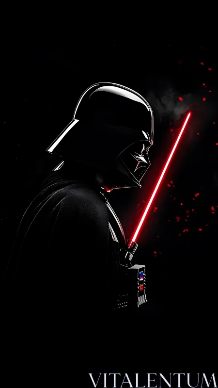 Helmeted dark figure holds red glowing sword in profile