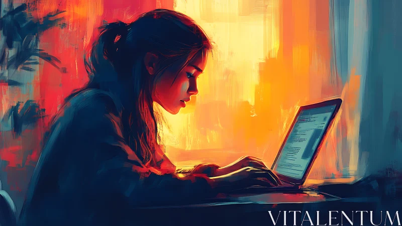 Side-lit woman on laptop in vivid orange teal digital study