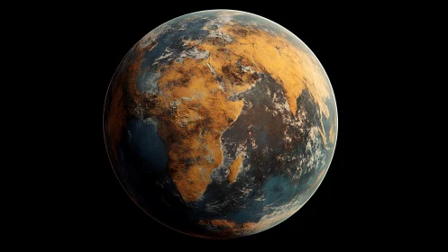 Dry terrestrial planet with African landmass in space view.