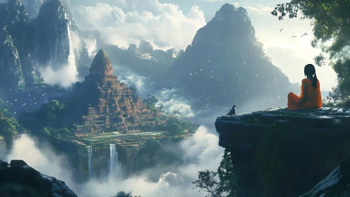 Monk observing misty valley temple from cliff edge.