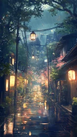 Rain-soaked neo-Tokyo alley with lantern reflections at dusk.