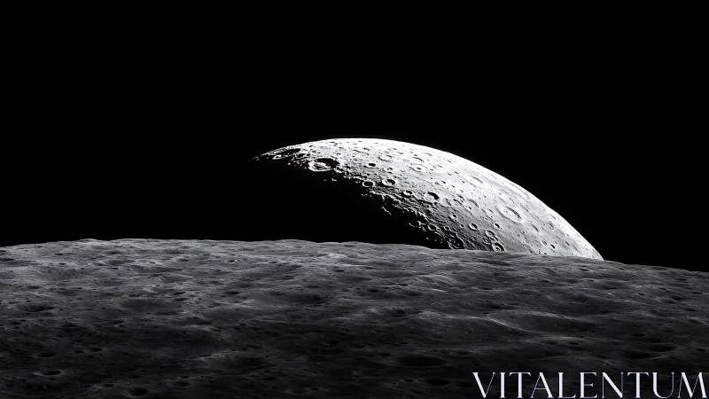 Lunar horizon with cratered surface against deep black sky.