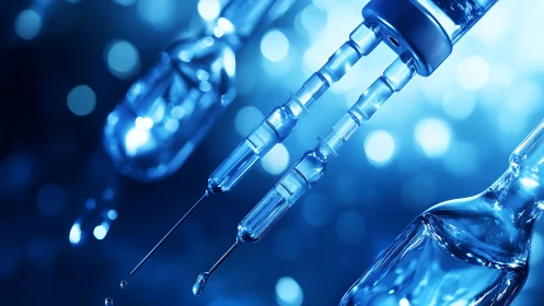 Glass droppers dispense liquid above blue pharmaceutical vials