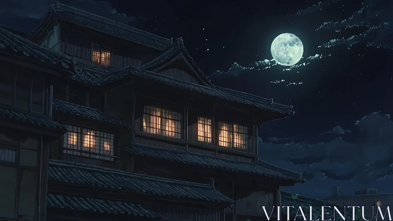 Moonlit wooden inn glowing softly under a quiet night sky.