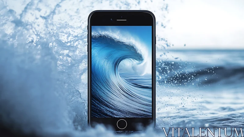 Smartphone screen merges with crashing ocean wave imagery