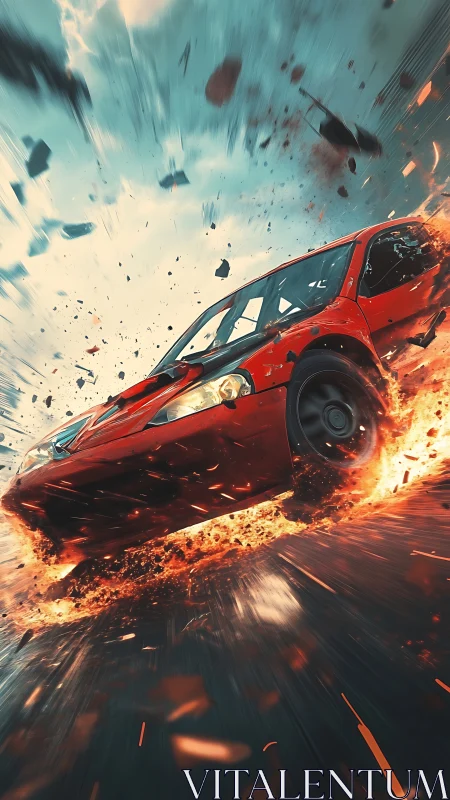 Explosive red sports car rockets through fire and debris.