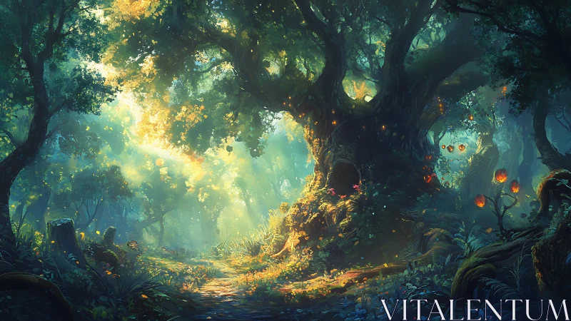 Enchanted Forest Realm: Golden Light Through Ancient Trees.