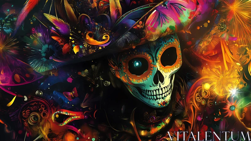 Skull figure in dense multicolored abstract environment.