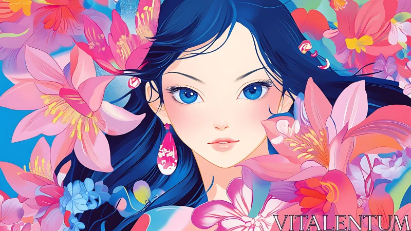 Blossom-eyed muse drifting in a neon garden dreamscape.