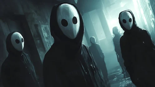 Hooded figures with white oval masks stand in misty alley