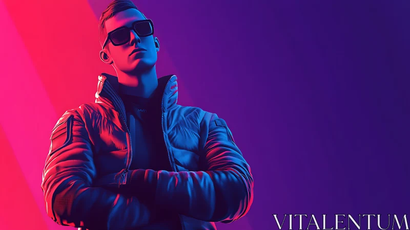 Neon-lit streetwear figure stands in bold cyberpunk glow.