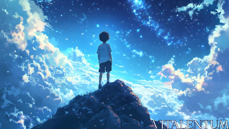 Starlit cumulonimbus horizon with solitary observer silhouette.