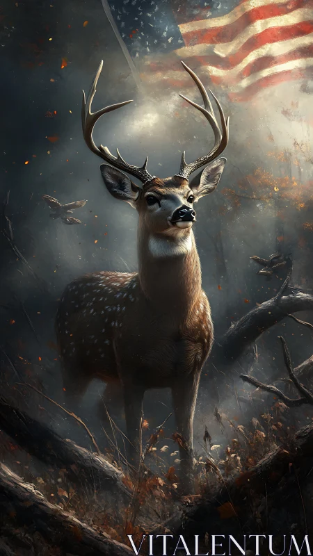 Proud stag stands tall beneath a softly waving flag.