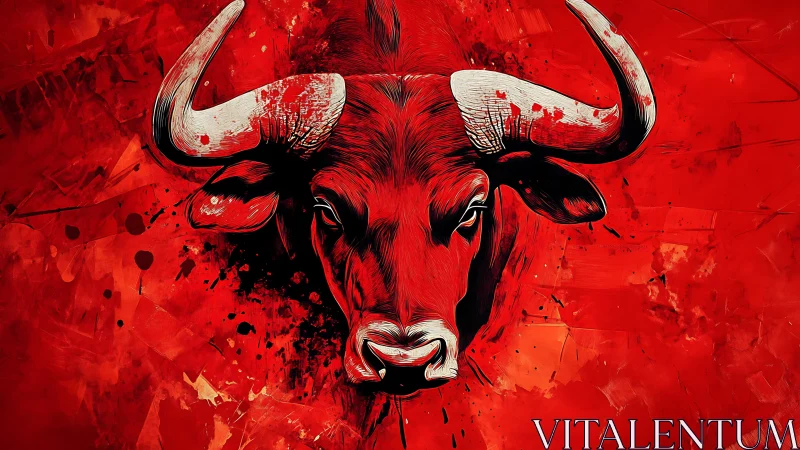 Fierce crimson bull emerging from a storm of wild red paint.