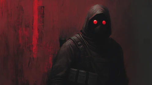 Hooded figure with glowing red goggles stands in darkness