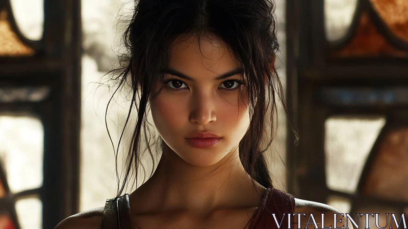 Young woman is lit frontally against defocused window panels