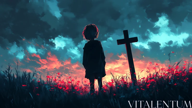 Solitary child at grave under vivid stormy sunset sky.
