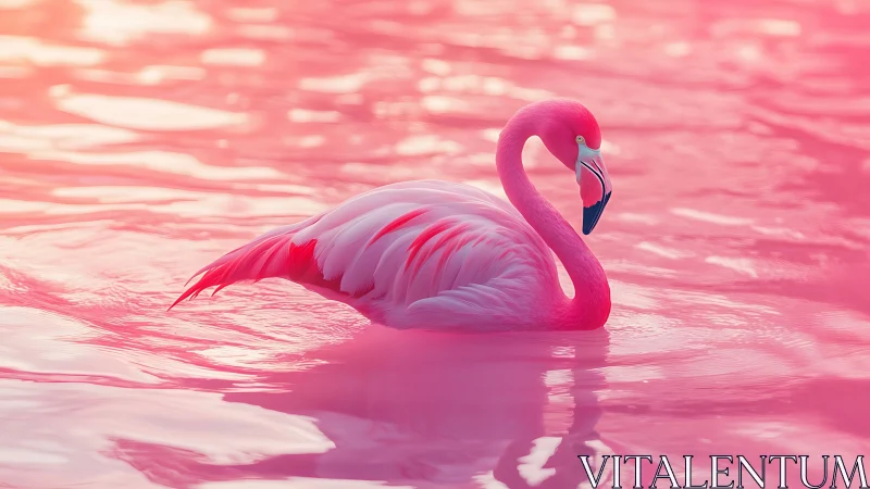 High-saturation flamingo in uniformly pink reflective water