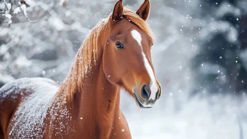 Chestnut horse portrait in softly falling winter snowfall.