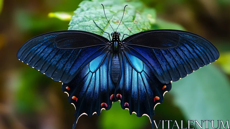 Blue-black swallowtail butterfly on green leaf in focus.