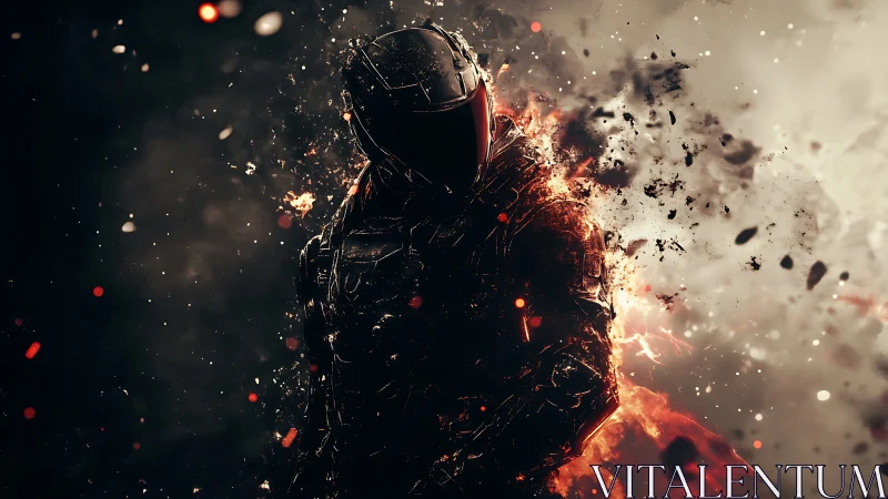 Armored futuristic soldier stands amid erupting embers