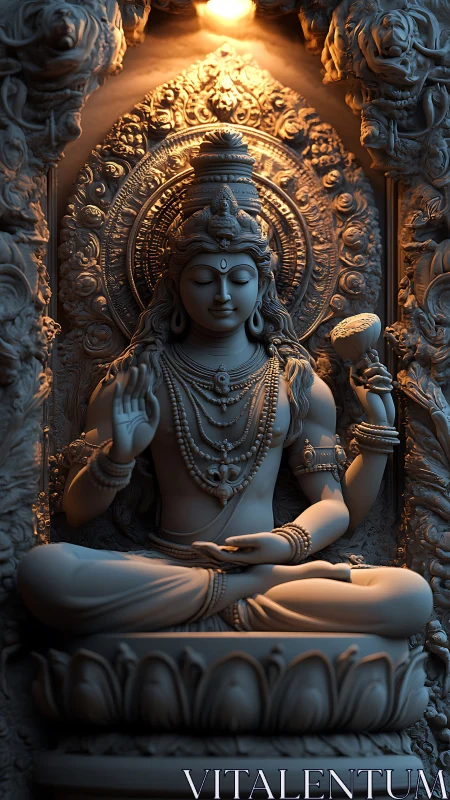 Serene deity statue rests in gentle, golden temple light