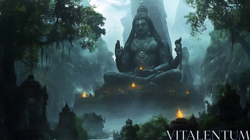 Colossal stone deity in misty jungle temple illuminated by fire.
