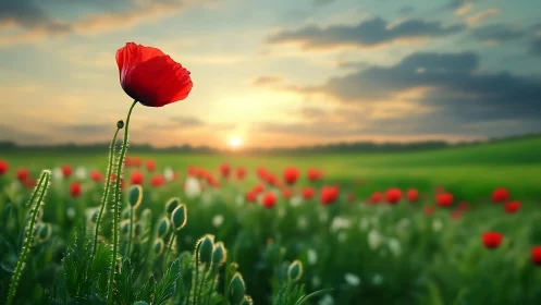 Lone sunrise poppy saluting a dreamy emerald meadow.