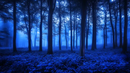 Misty Forest Interior with Tall Trees and Blue Light
