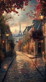 Autumnal Parisian street perspective with illuminated cobblestones.