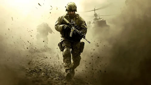 Battle-ready soldier charges through dust-filled warzone.