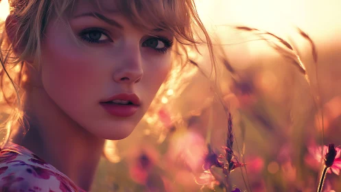 Golden hour portrait amid softly glowing wildflowers.
