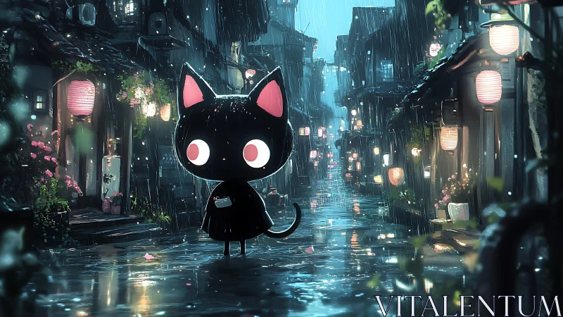 Cartoon black cat in rainy lantern street at night.