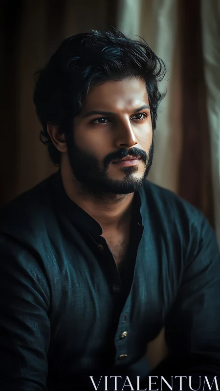 Moody portrait of bearded man in teal kurta by window.