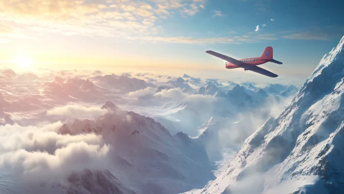 Red alpine aircraft glides through sunrise-lit snowy peaks.