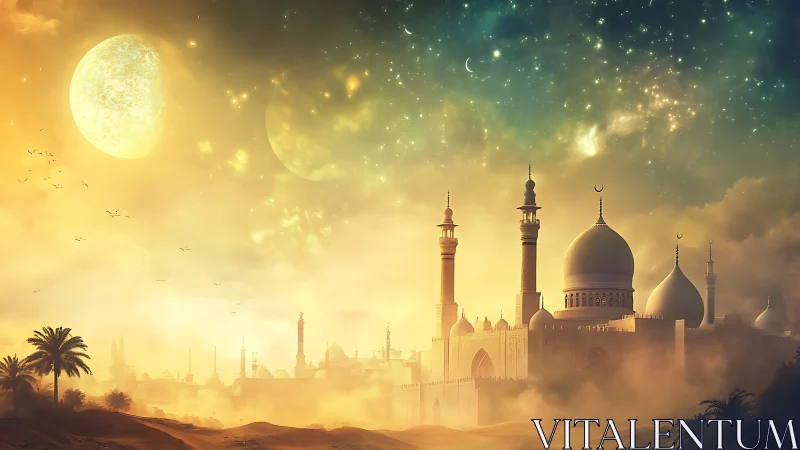 Golden desert city glows softly beneath twin enchanted moons