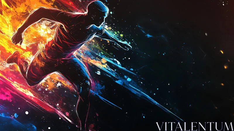 Silhouetted runner bursts through vivid abstract color trails