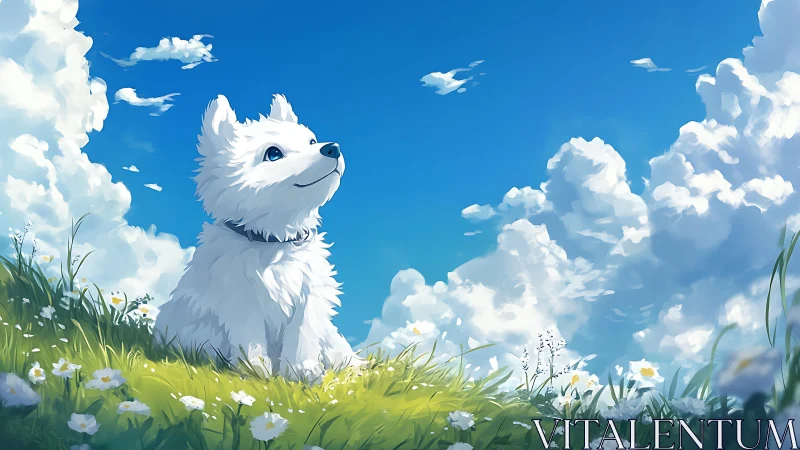 Anime pastoral study of white dog under expansive sky.