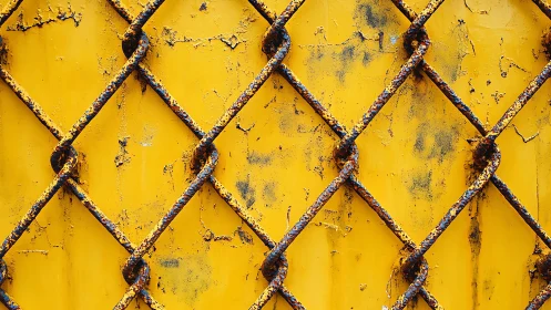 Rusty Metal Chain-Link Fence Against Yellow Wall, Urban Texture.