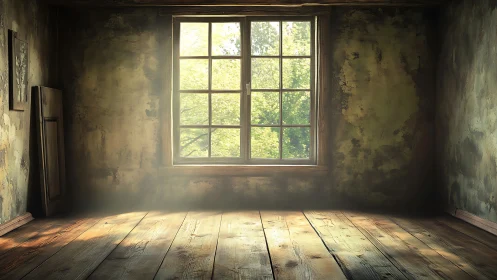 Sunlit decayed room with volumetric dust and wooden window frame.