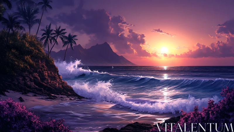 Digital painting seascape with violet dusk tropic shoreline.